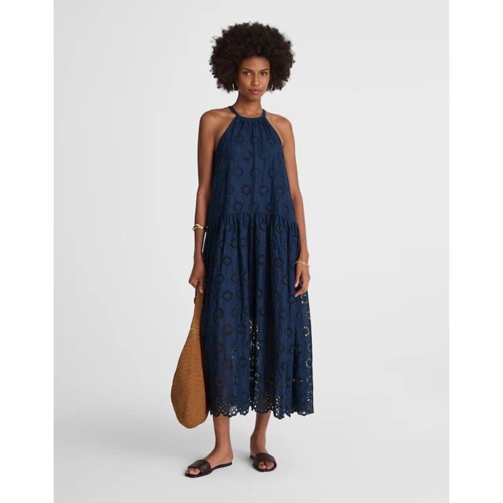 Madewell Embroidered Drop-Waist Maxi Dress Dark Indigo Navy Size L NWT NV409